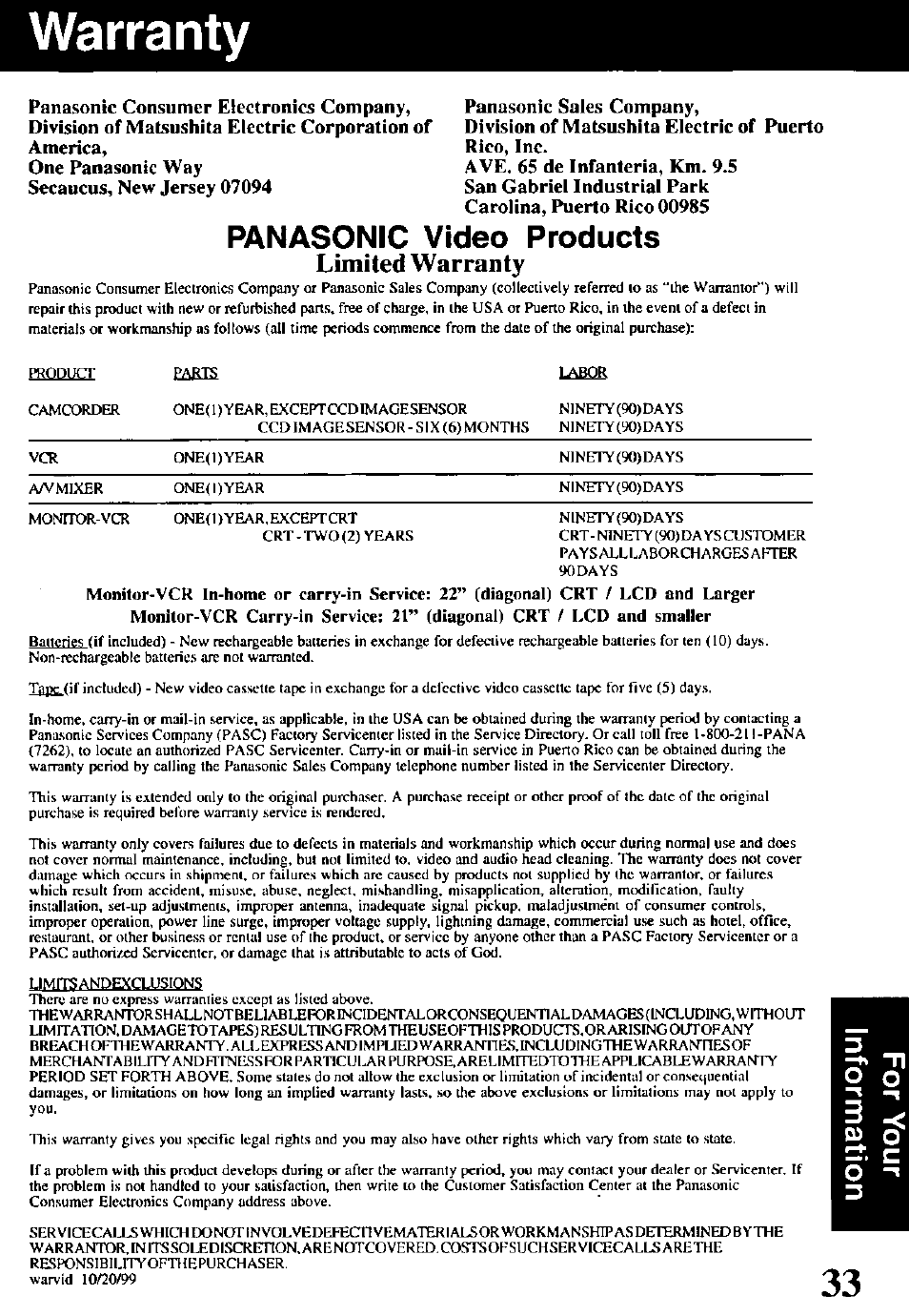Warranty, Panasonic sales company, Panasonic video products | Limited warranty | Panasonic OMNIVISION PV-V4611 User Manual | Page 35 / 38