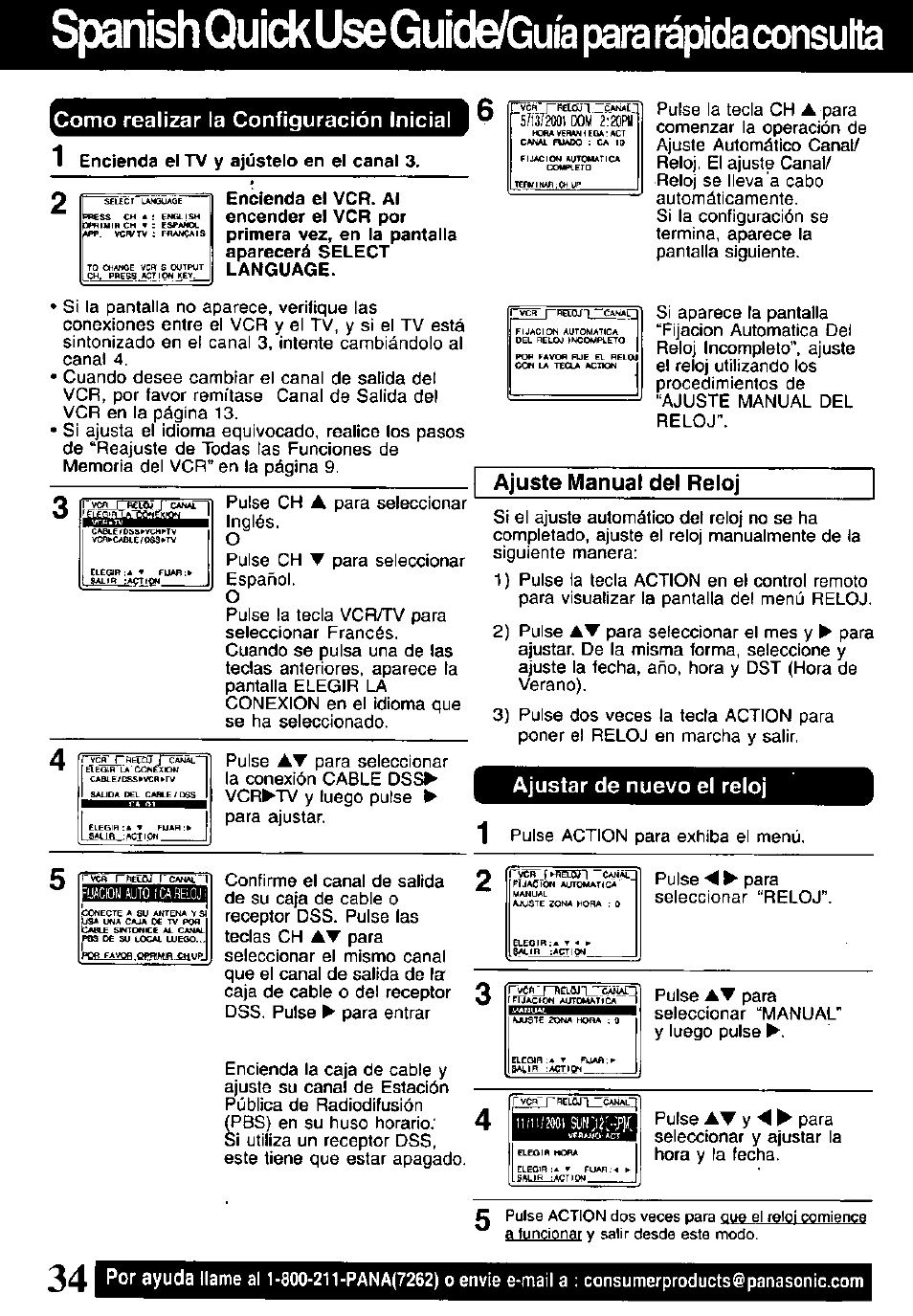 Como realizar la configuración inicial, 1 encienda el tv y ajúsfelo en el canal 3, Ajustar de nuevo el reloj | Spanish quick use, Guide/guia para rápida consulta, Ajuste manual del reloj | Panasonic OMNIVISION PV-V4611 User Manual | Page 36 / 38