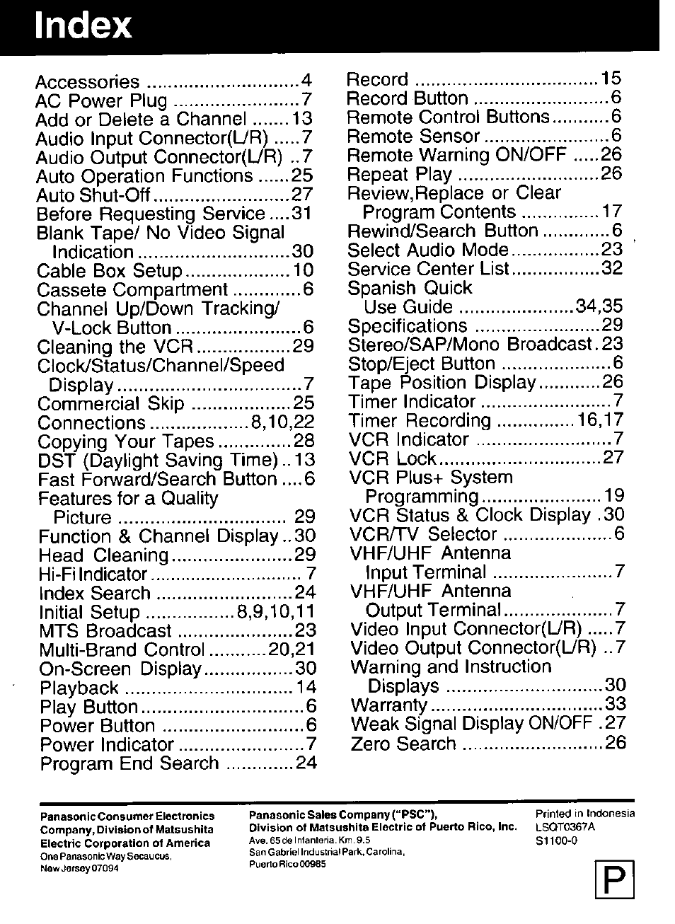 Index | Panasonic OMNIVISION PV-V4611 User Manual | Page 38 / 38