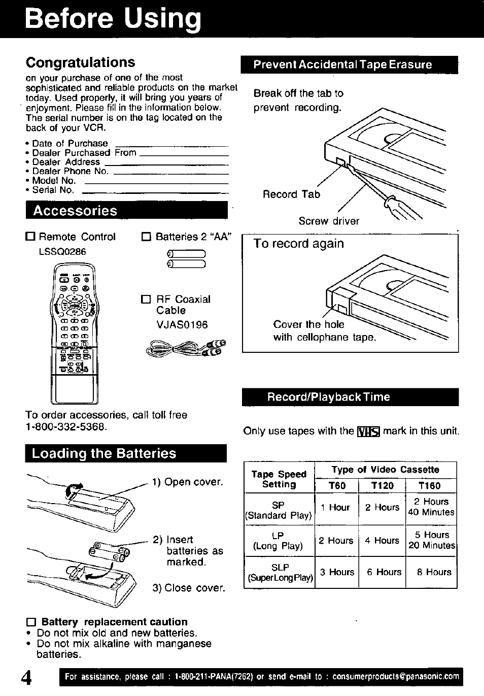 Before using, Congratulations, Prevent accidental tape erasure | Accessories, Loading the batteries, Record/playbacktime, Battery replacement caution | Panasonic OMNIVISION PV-V4611 User Manual | Page 4 / 38
