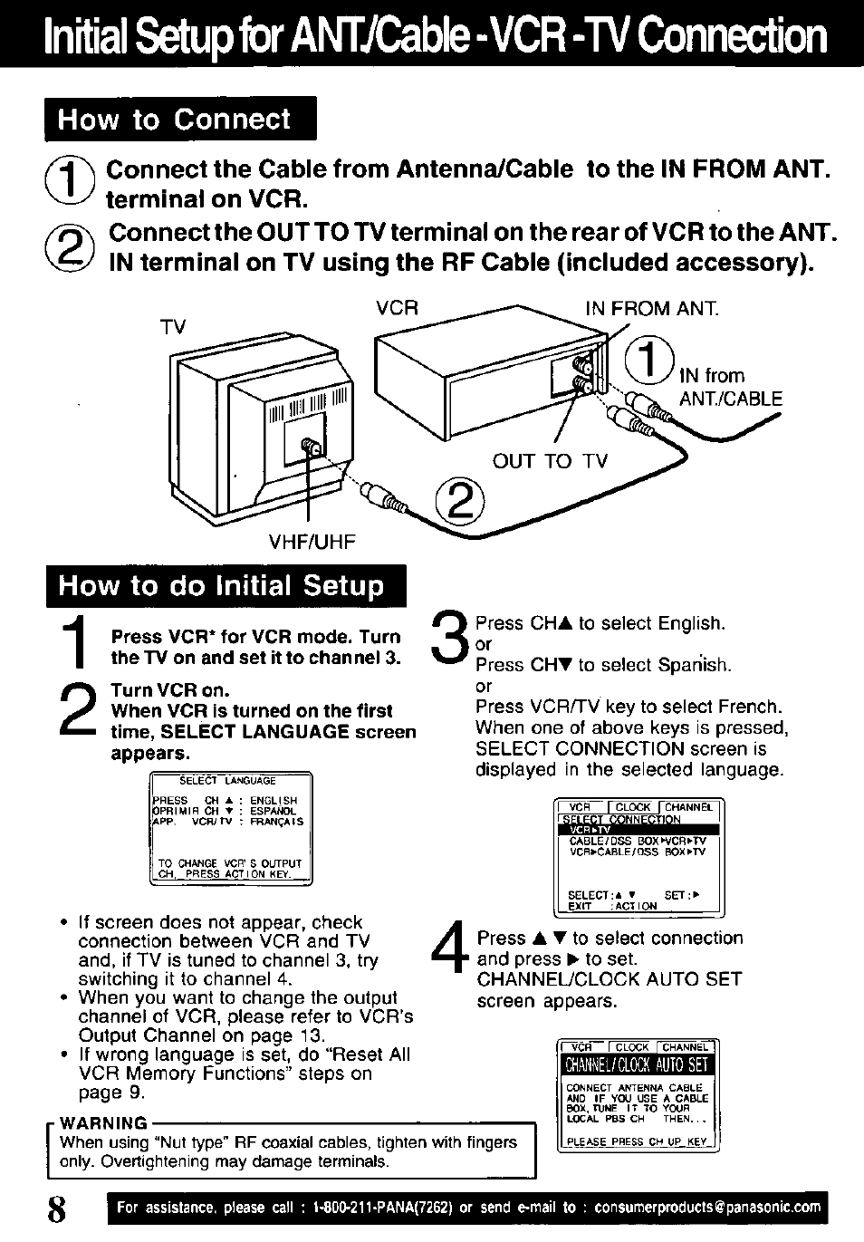 Initial setup for aisn/cable - vcr -tv connection, Initial setup for ant^cable-vcr-tv connection ,9, How to connect | How to do initial setup | Panasonic OMNIVISION PV-V4611 User Manual | Page 8 / 38