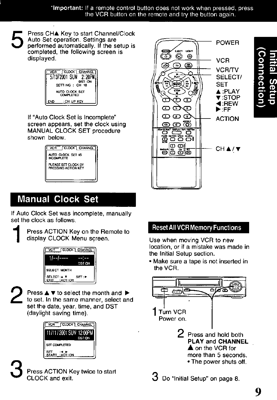 Manual clock set | Panasonic OMNIVISION PV-V4611 User Manual | Page 9 / 38