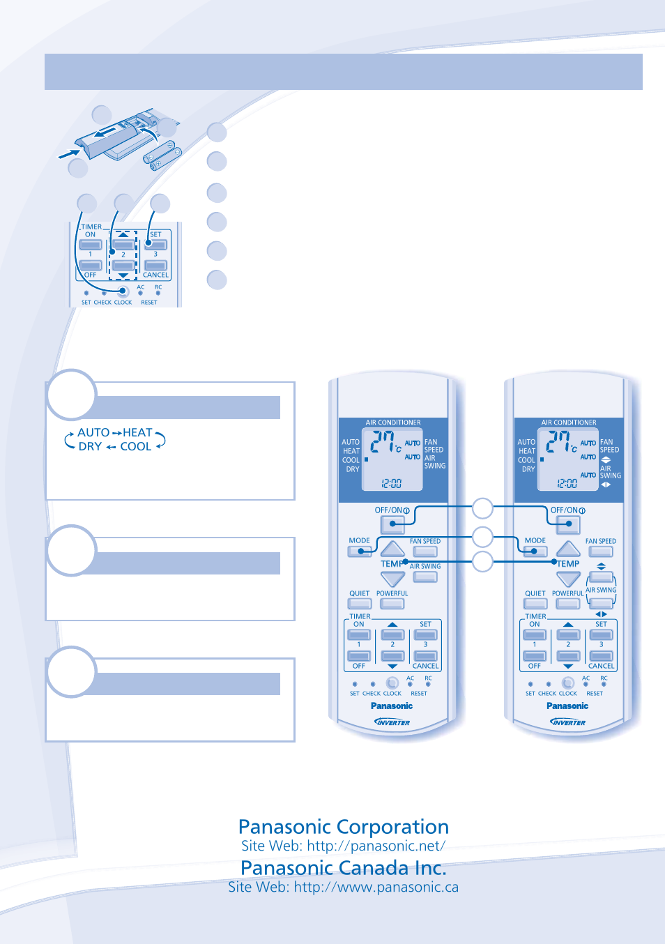 Quick guide/guide sommaire, Panasonic corporation, Panasonic canada inc | Off/on, Temp, Pull out • dégager le couvercle, Close the cover • remettre le couvercle en place, Press clock • appuyer sur clock, Set time • régler l’heure, Confi rm • confi rmer le réglage | Panasonic CU-E22JKK User Manual | Page 10 / 10