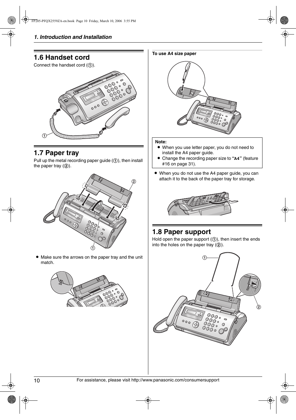 6 handset cord, 7 paper tray, 8 paper support | Handset cord, Paper tray, Paper support, 6 handset cord, 7 paper tray, 8 paper support | Panasonic KX-FP205 User Manual | Page 10 / 56