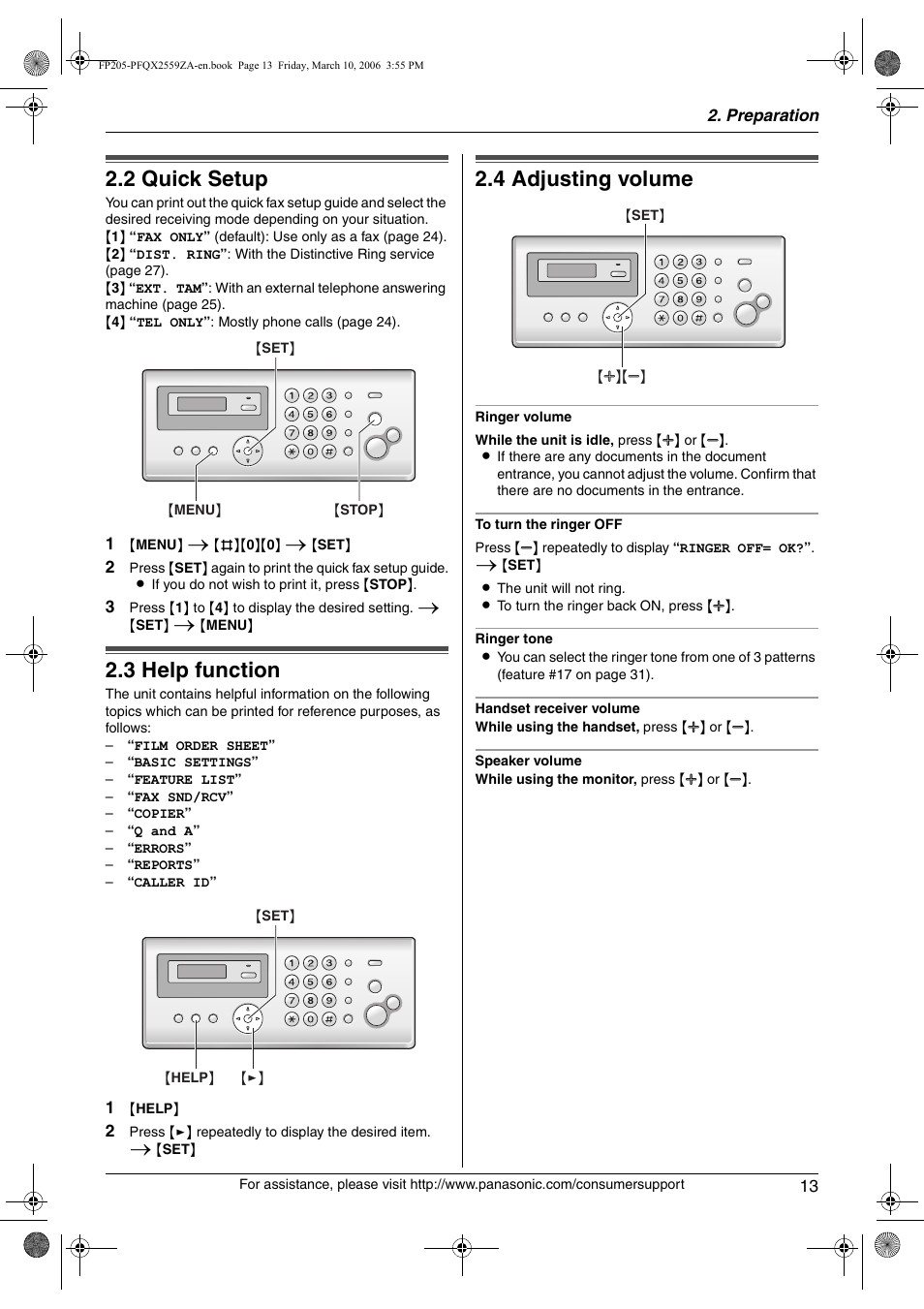 2 quick setup, Help button, 3 help function | Volume, 4 adjusting volume, Quick setup, Help function, Adjusting volume, 2 quick setup, 3 help function | Panasonic KX-FP205 User Manual | Page 13 / 56