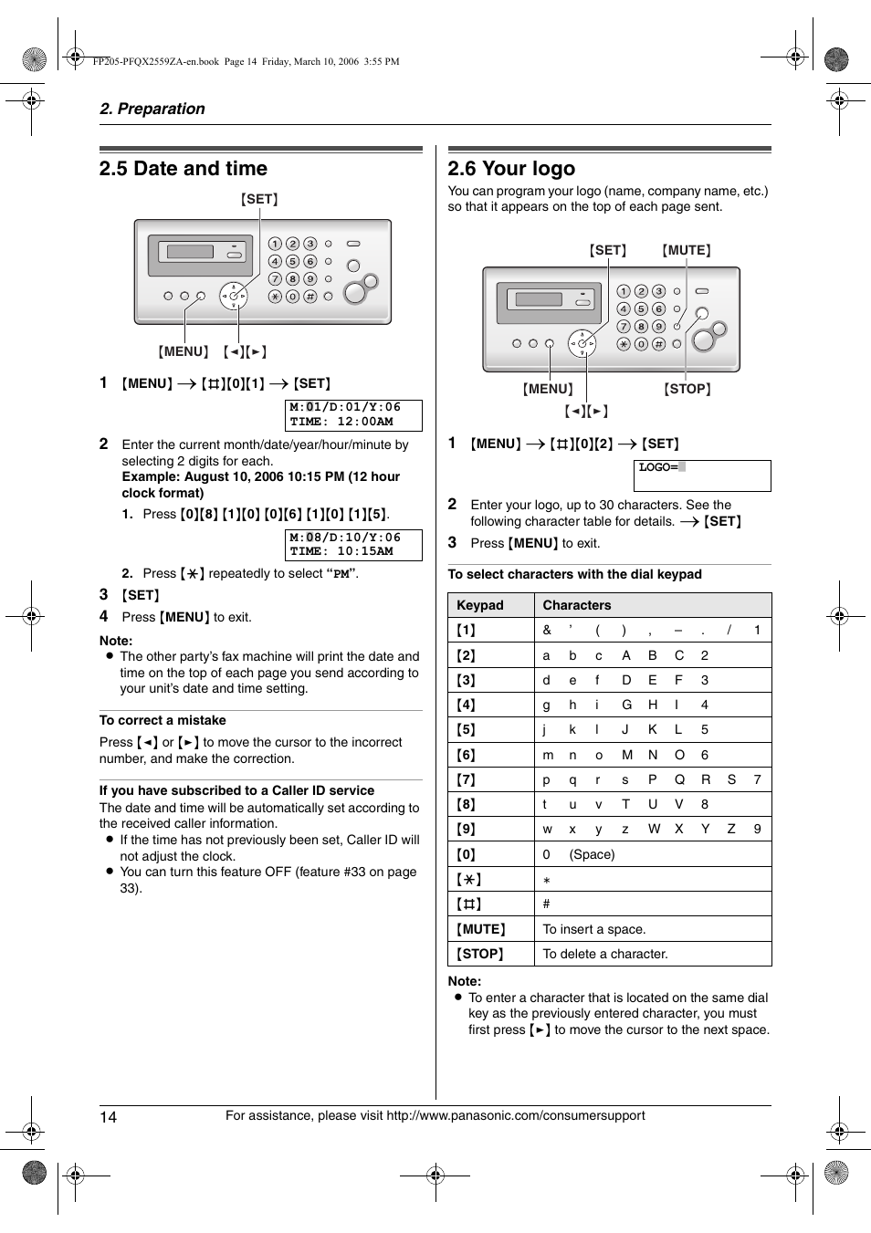 Initial programming, 5 date and time, 6 your logo | Date and time, Your logo, 5 date and time, 6 your logo | Panasonic KX-FP205 User Manual | Page 14 / 56