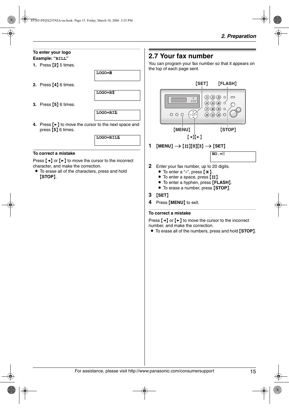 7 your fax number, Your fax number, 7 your fax number | Panasonic KX-FP205 User Manual | Page 15 / 56