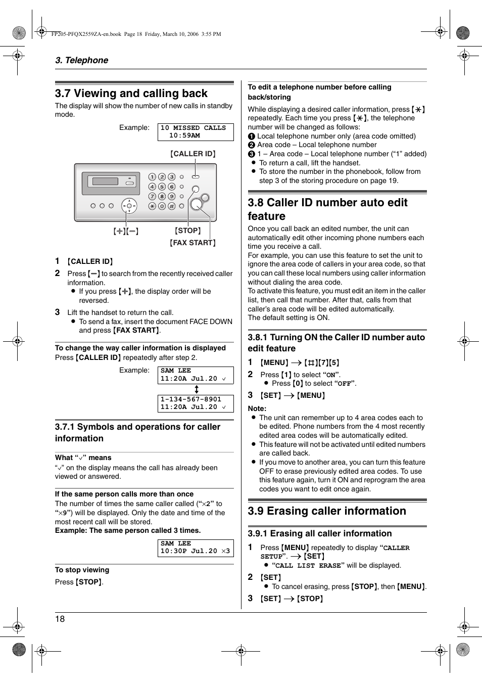 7 viewing and calling back, 8 caller id number auto edit feature, 9 erasing caller information | Viewing and calling back, Caller id number auto edit feature, Erasing caller information, 7 viewing and calling back, 8 caller id number auto edit feature, 9 erasing caller information | Panasonic KX-FP205 User Manual | Page 18 / 56