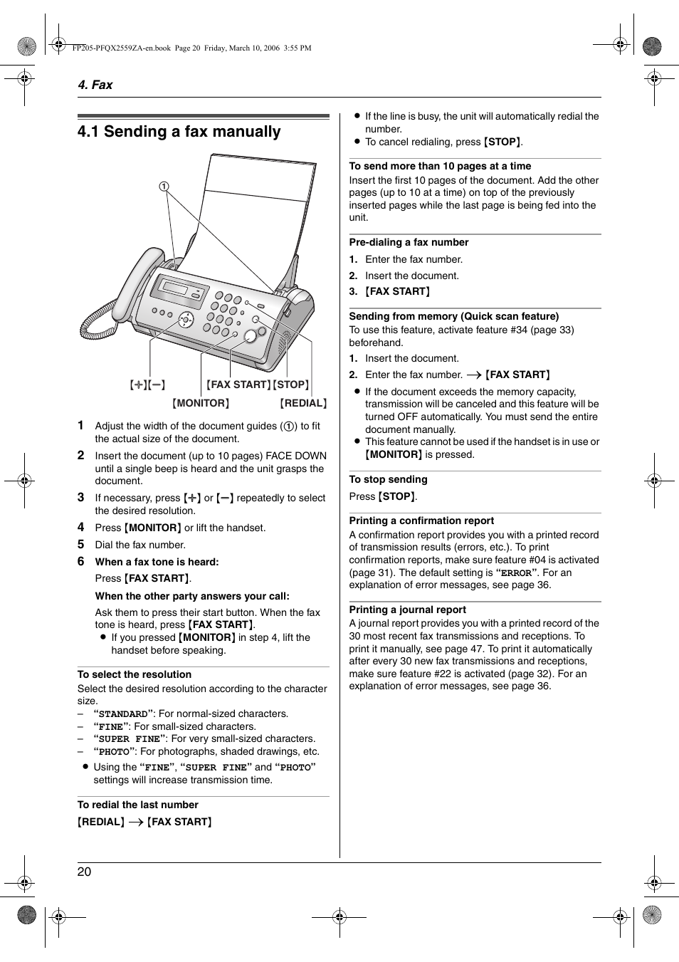 Sending faxes, 1 sending a fax manually, Sending a fax manually | 1 sending a fax manually | Panasonic KX-FP205 User Manual | Page 20 / 56