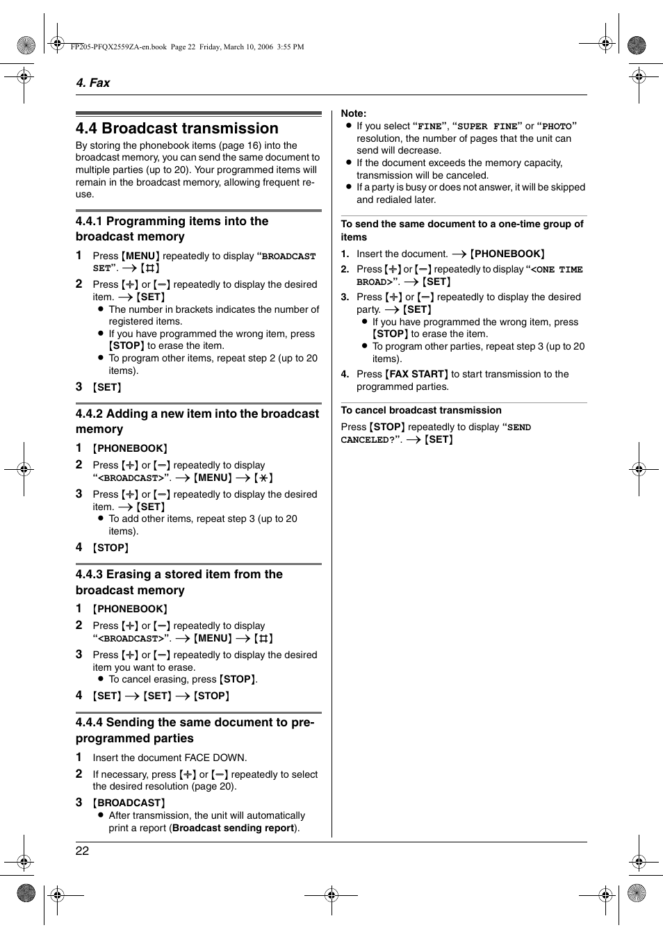 4 broadcast transmission, Broadcast transmission, 4 broadcast transmission | Panasonic KX-FP205 User Manual | Page 22 / 56