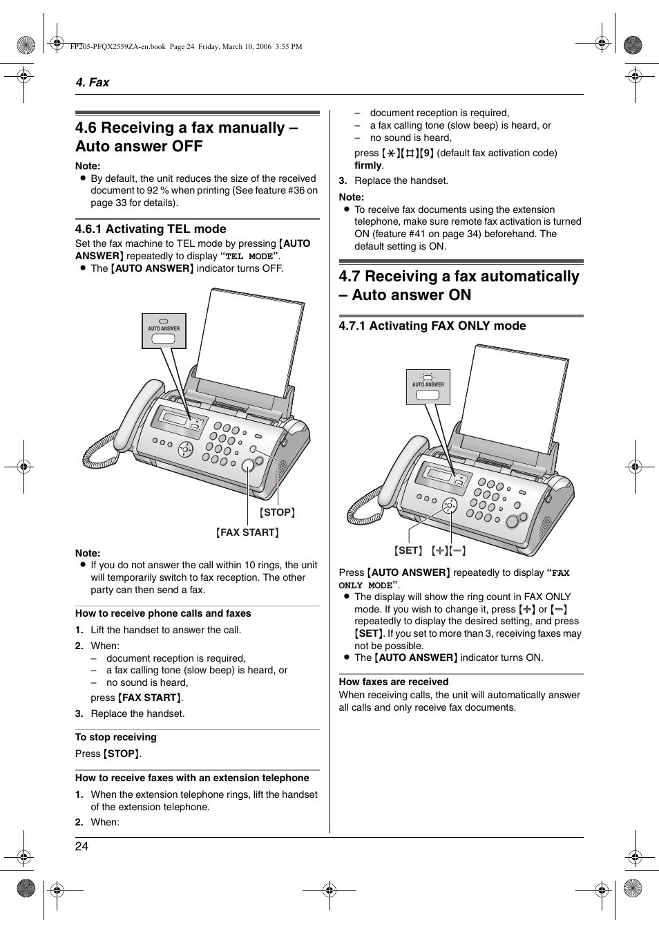 6 receiving a fax manually – auto answer off, 7 receiving a fax automatically – auto answer on, Receiving a fax manually – auto answer off | Receiving a fax automatically – auto answer on, 6 receiving a fax manually – auto answer off, 7 receiving a fax automatically – auto answer on | Panasonic KX-FP205 User Manual | Page 24 / 56