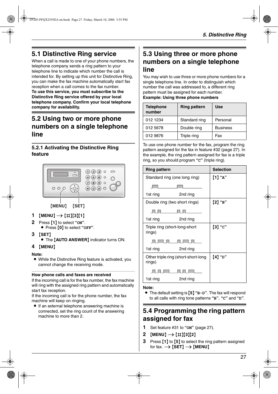 Distinctive ring, 1 distinctive ring service, 4 programming the ring pattern assigned for fax | Distinctive ring service, Programming the ring pattern assigned for fax, 1 distinctive ring service, 4 programming the ring pattern assigned for fax | Panasonic KX-FP205 User Manual | Page 27 / 56