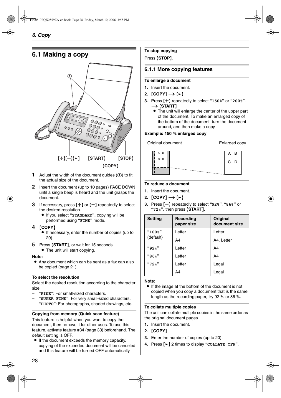 Copy, Copying, 1 making a copy | Making a copy, 1 making a copy | Panasonic KX-FP205 User Manual | Page 28 / 56