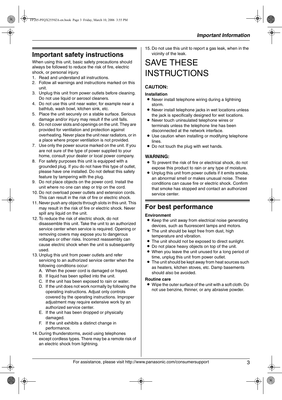 Important information, Safety instructions, Important safety instructions | For best performance, Save these instructions | Panasonic KX-FP205 User Manual | Page 3 / 56