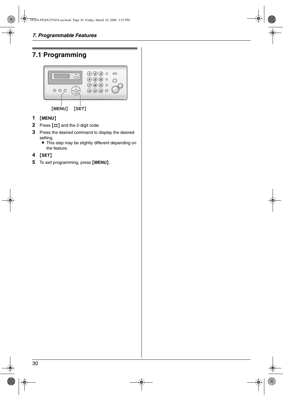 Programmable features, Features summary, 1 programming | Programming, 1 programming | Panasonic KX-FP205 User Manual | Page 30 / 56