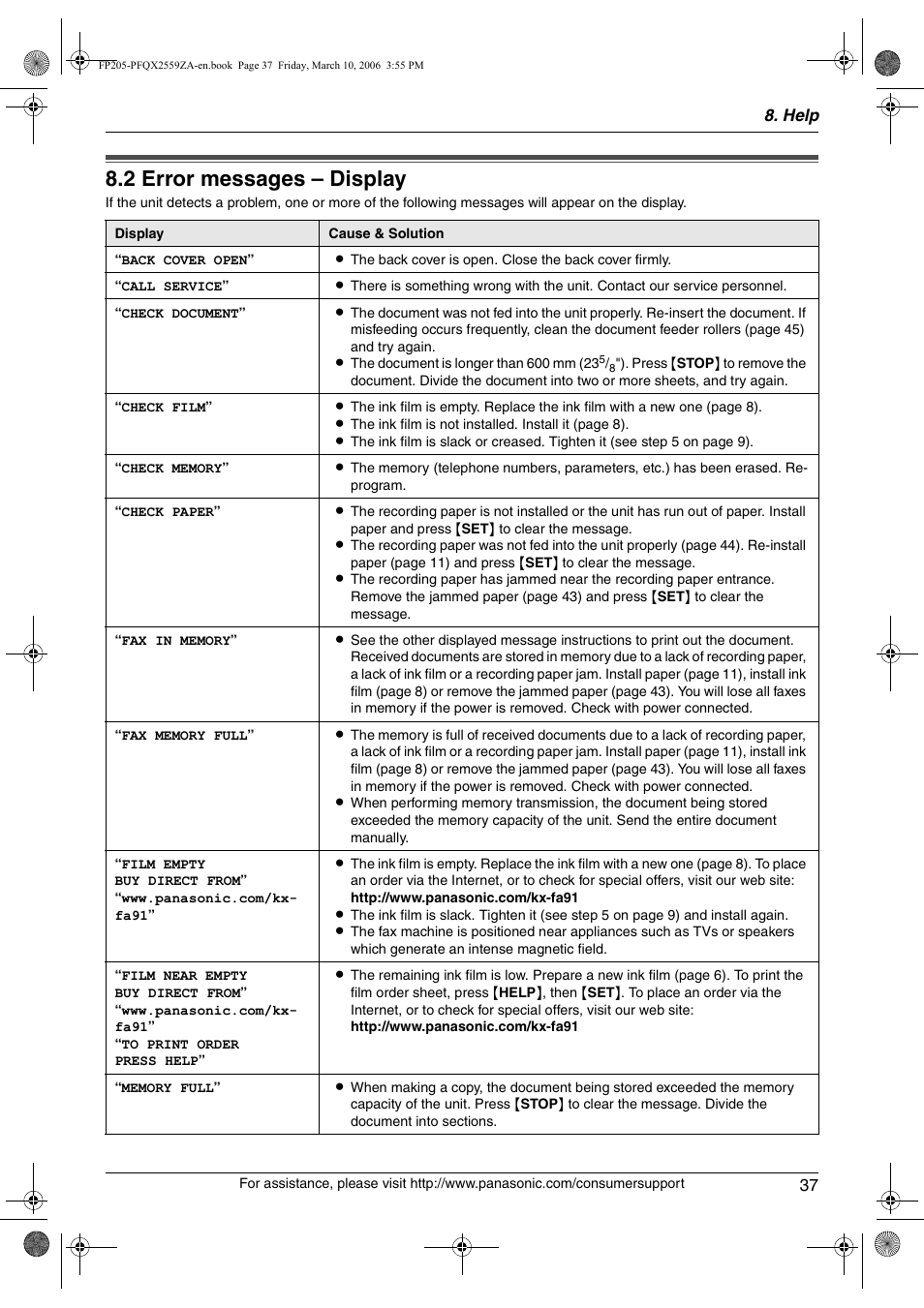 2 error messages – display, Error messages – display, 2 error messages – display | Panasonic KX-FP205 User Manual | Page 37 / 56