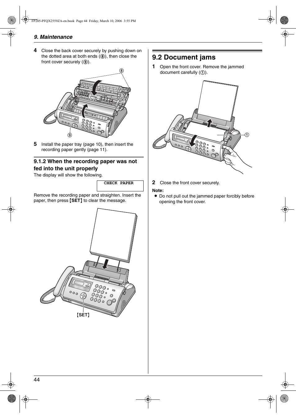 2 document jams, Document jams, 2 document jams | Panasonic KX-FP205 User Manual | Page 44 / 56