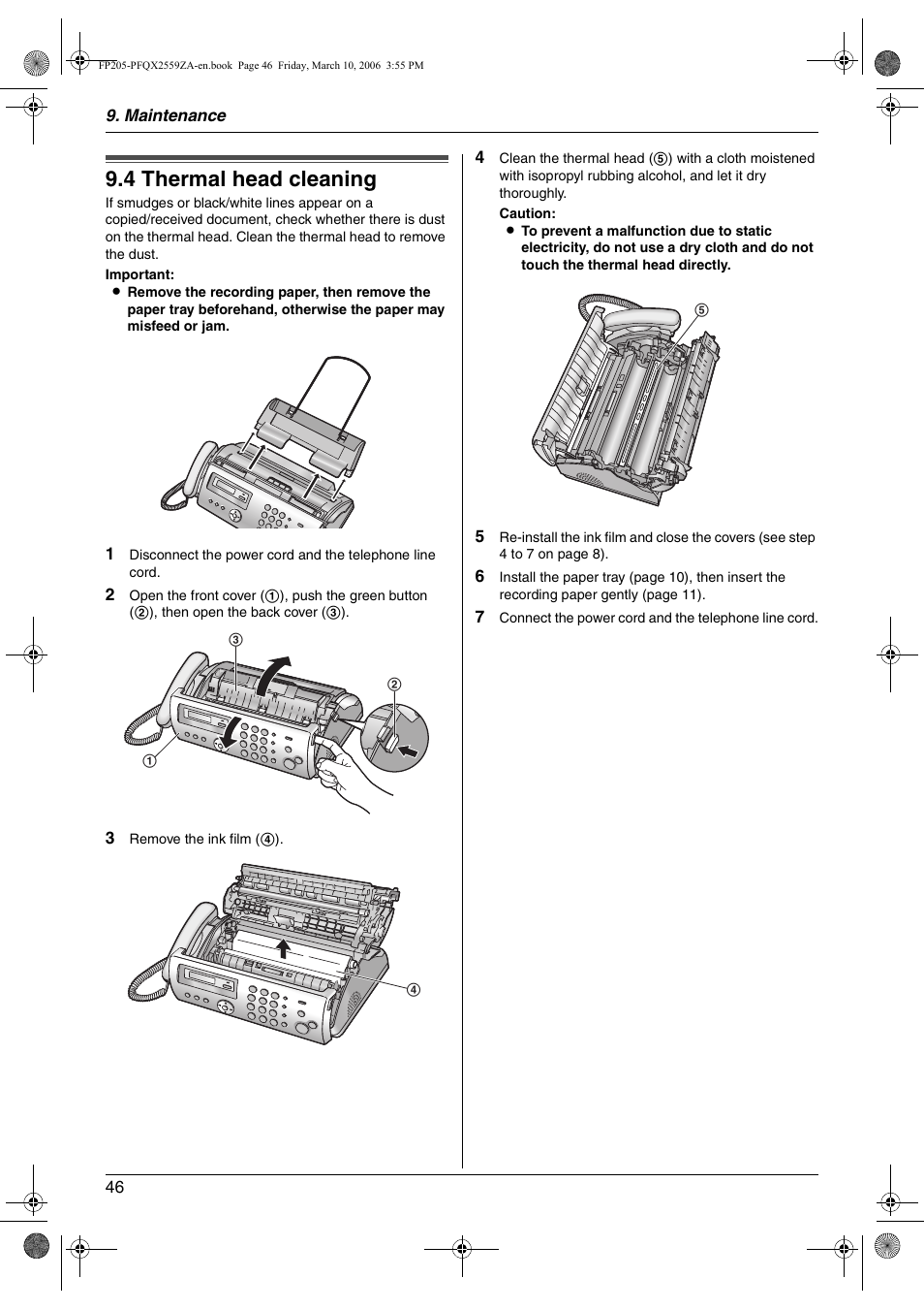 4 thermal head cleaning, Thermal head cleaning, 4 thermal head cleaning | Panasonic KX-FP205 User Manual | Page 46 / 56