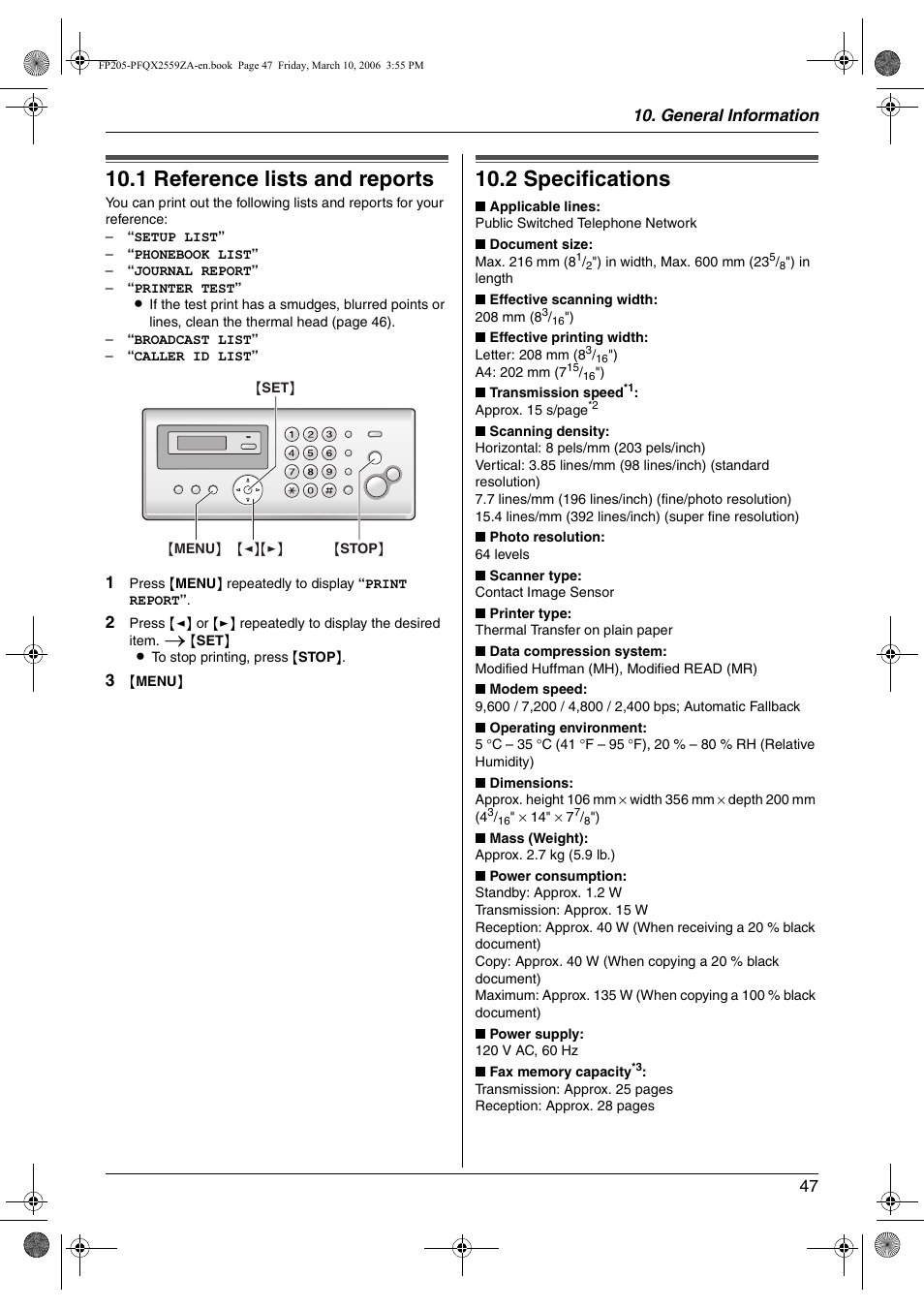 General information, Printed reports, 1 reference lists and reports | Specifications, 2 specifications, Reference lists and reports, 1 reference lists and reports, 2 specifications, General information 47 | Panasonic KX-FP205 User Manual | Page 47 / 56