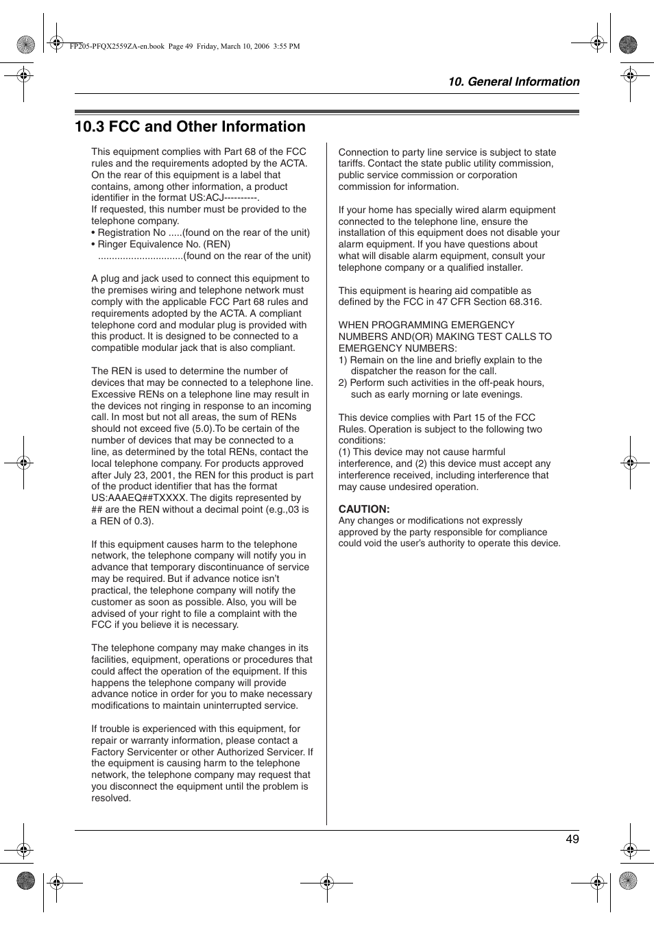 Fcc and other information, 3 fcc and other information, 3 fcc and other information | Panasonic KX-FP205 User Manual | Page 49 / 56