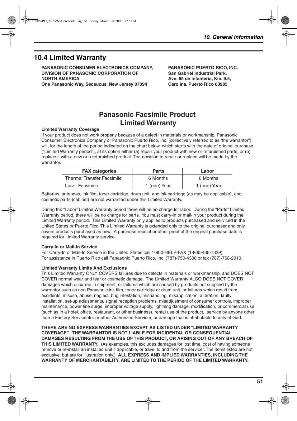 Limited warranty, 4 limited warranty, 4 limited warranty | Panasonic facsimile product limited warranty | Panasonic KX-FP205 User Manual | Page 51 / 56