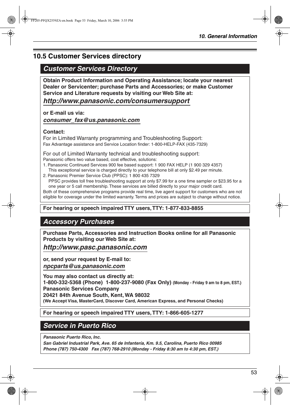 Customer services, 5 customer services directory, Customer services directory | Accessory purchases service in puerto rico | Panasonic KX-FP205 User Manual | Page 53 / 56