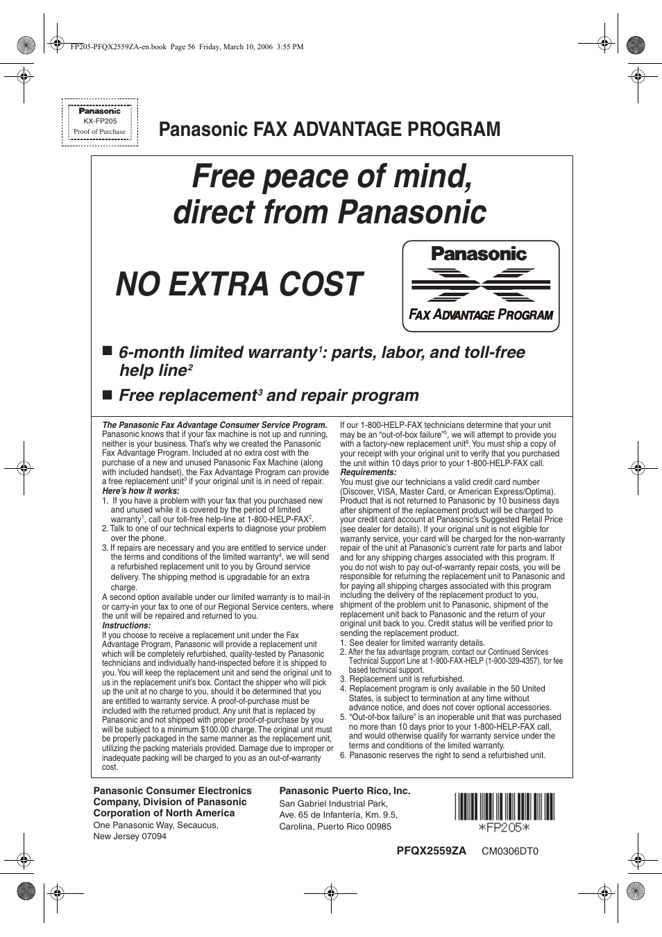 Panasonic fax advantage program, Month limited warranty, Parts, labor, and toll-free help line | Free replacement, And repair program | Panasonic KX-FP205 User Manual | Page 56 / 56