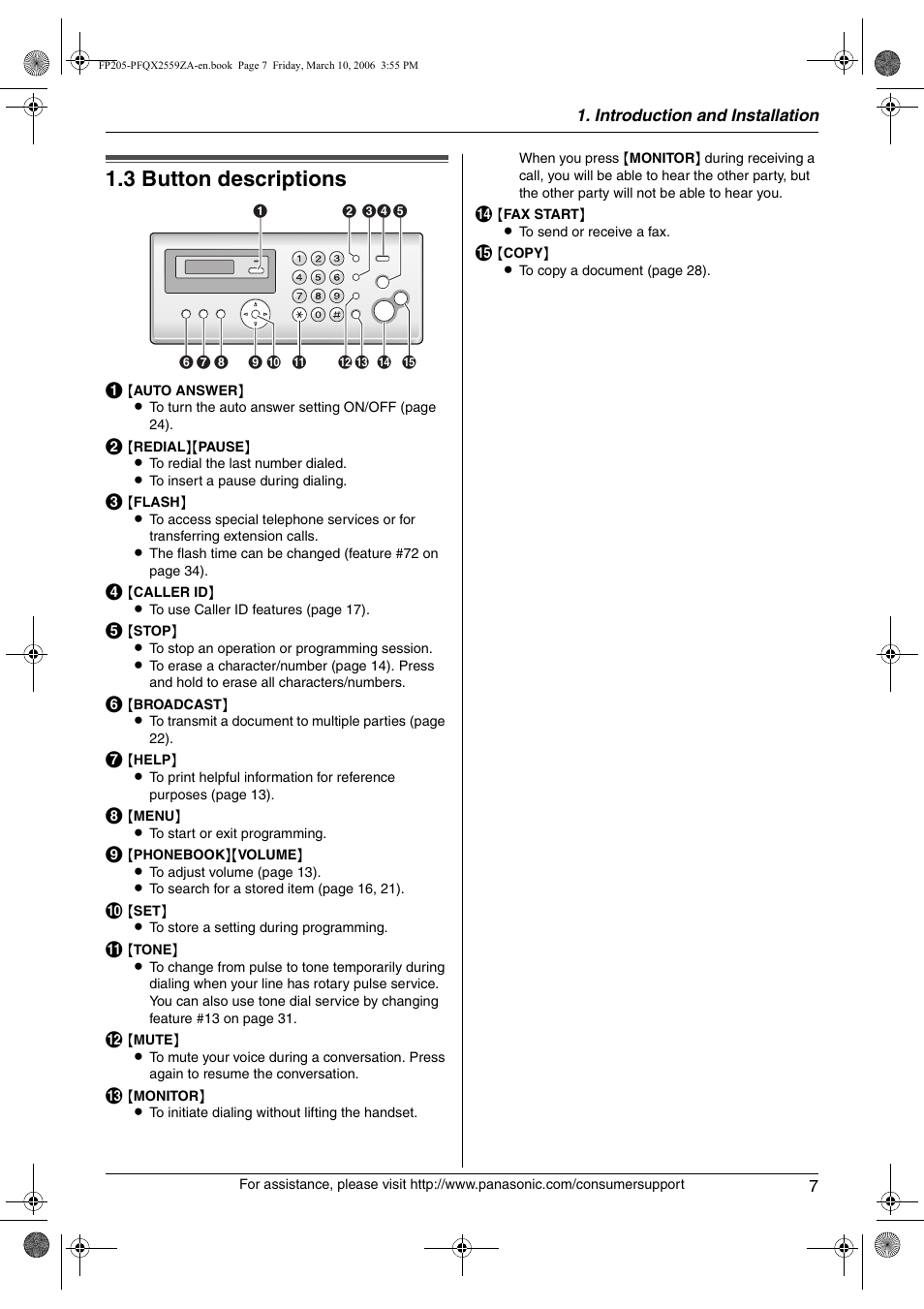 Finding the controls, 3 button descriptions, Button descriptions | 3 button descriptions | Panasonic KX-FP205 User Manual | Page 7 / 56