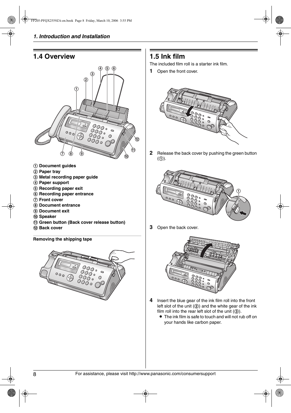 4 overview, Installation, 5 ink film | Overview, Ink film, 4 overview, 5 ink film | Panasonic KX-FP205 User Manual | Page 8 / 56