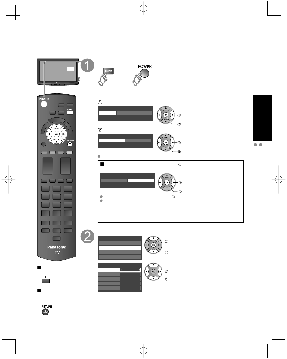 First time setup, Quick start guide, Turn the tv on with the power button | Adjust the clock, First t ime setup identifying controls | Panasonic TC-26LX14 User Manual | Page 15 / 58