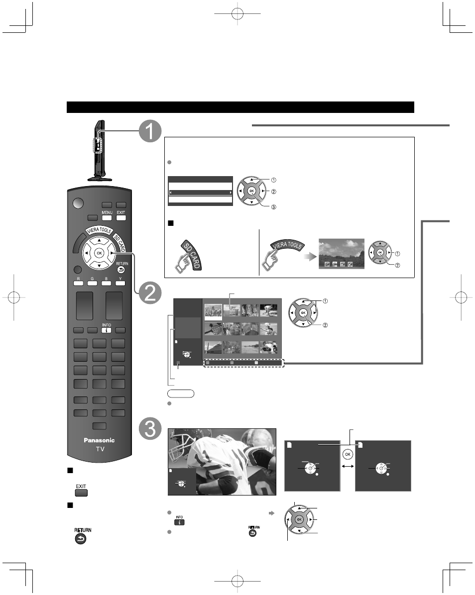 Viewing from sd card, Viewing from an sd card, Insert the sd card | Set “sd card setting” and select “play sd card now, Select the data to be viewed, View, Photo viewer, Press to exit from a menu screen, Press to return to the previous screen, Manual operation | Panasonic TC-26LX14 User Manual | Page 20 / 58