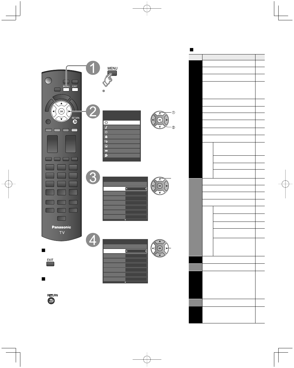 Advanced features, How to use menu functions, Display menu | Select the menu, Select the item, Adjust or select | Panasonic TC-26LX14 User Manual | Page 26 / 58