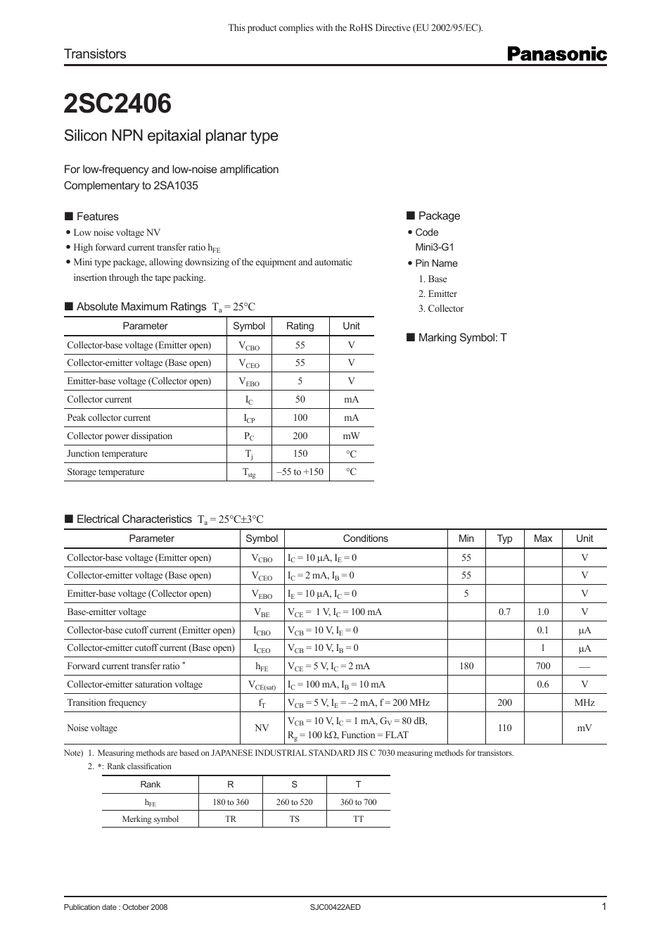 Panasonic 2SC2406 User Manual | 5 pages