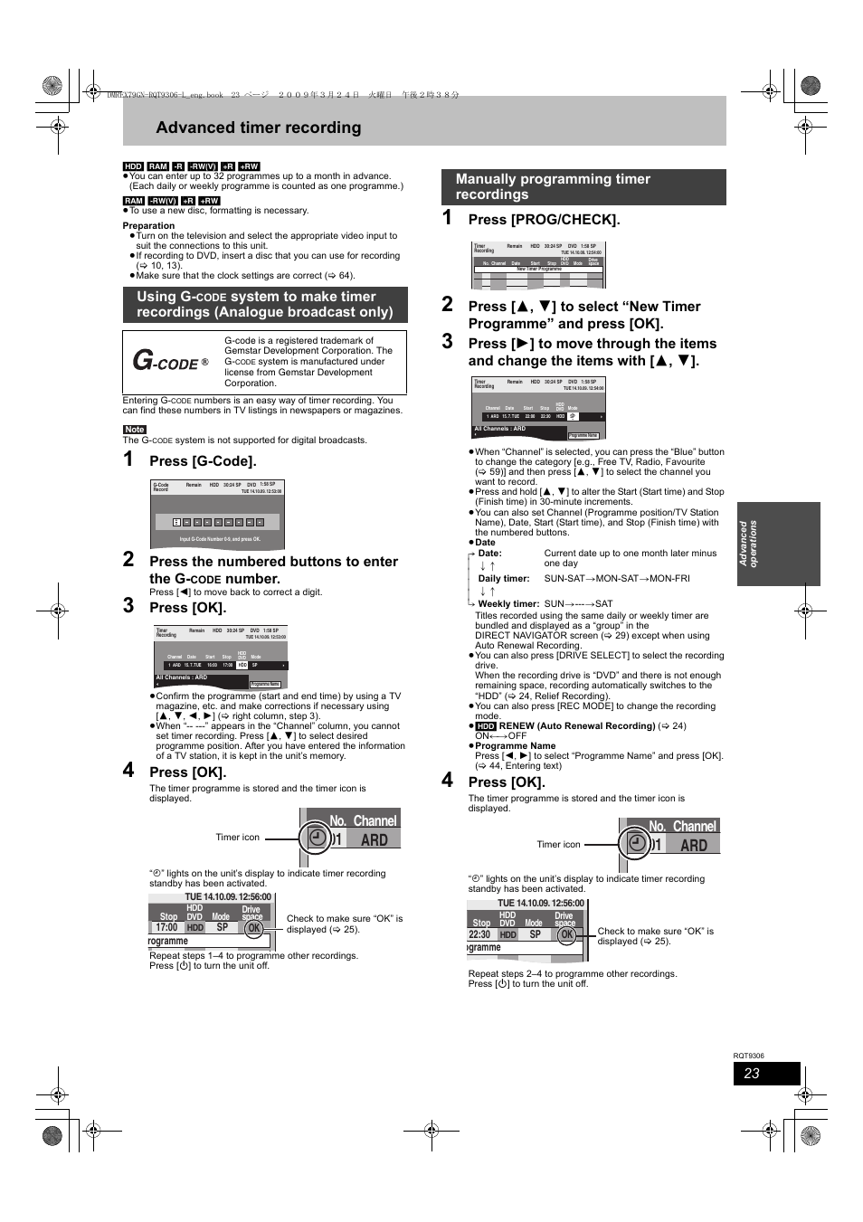 Advanced timer recording, Ard 01, No. channel | Press [g-code, Press the numbered buttons to enter the g, Number, Press [ok, Press [prog/check, Using g, Manually programming timer recordings | Panasonic DMR-EX79 User Manual | Page 23 / 84