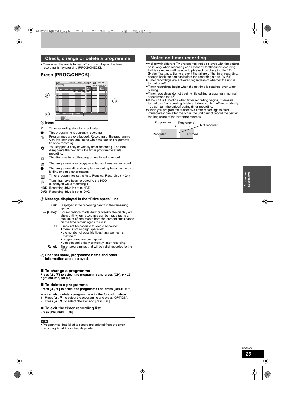 Press [prog/check, Check, change or delete a programme | Panasonic DMR-EX79 User Manual | Page 25 / 84