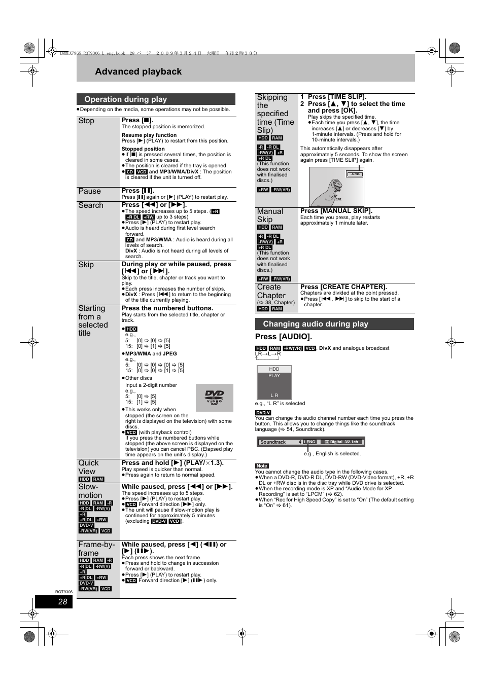 Advanced playback, Press [audio, Operation during play stop | Pause, Search, Skip, Starting from a selected title, Quick view, Slow- motion, Frame-by- frame | Panasonic DMR-EX79 User Manual | Page 28 / 84