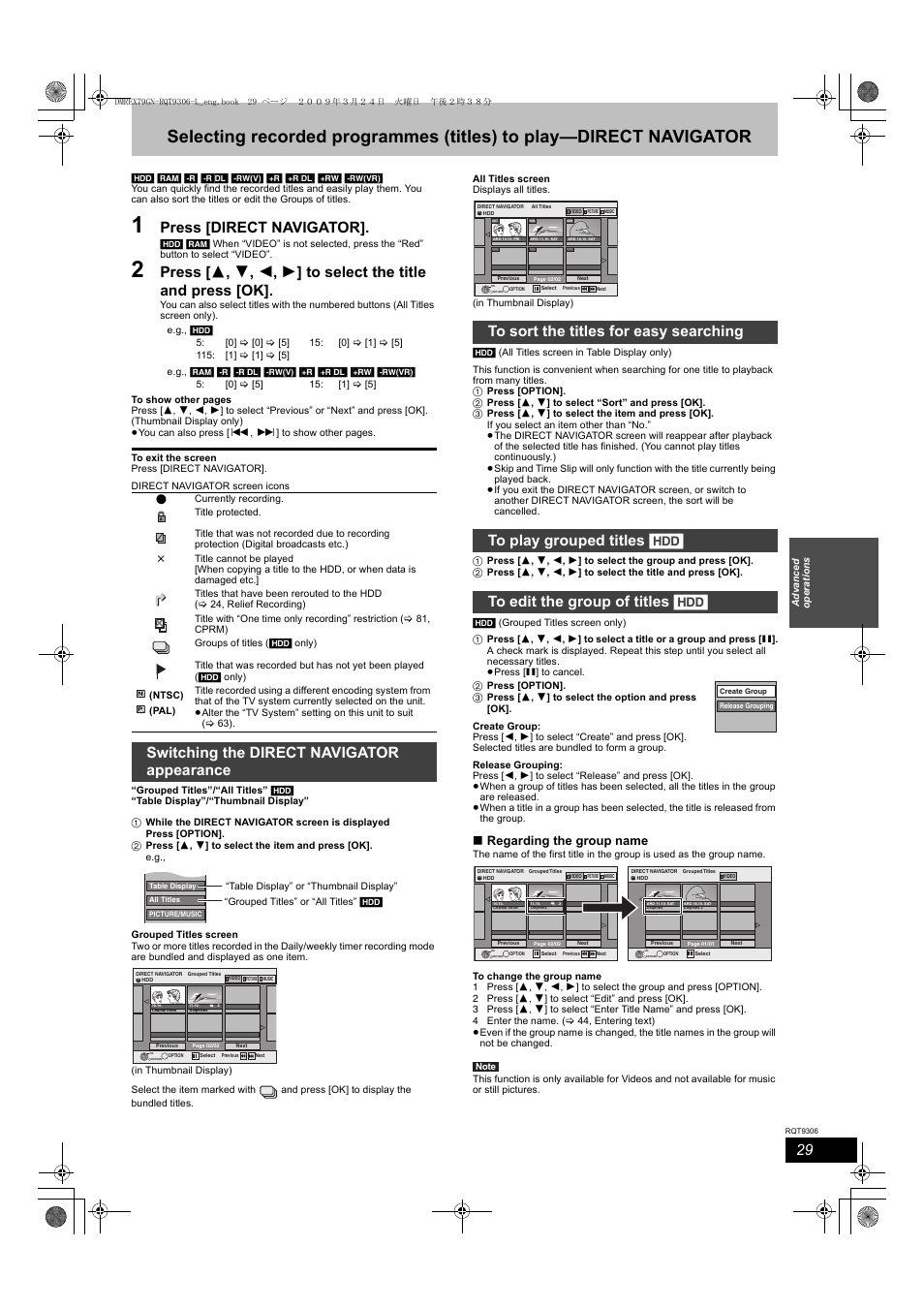 Press [direct navigator, Switching the direct navigator appearance, Regarding the group name | Panasonic DMR-EX79 User Manual | Page 29 / 84