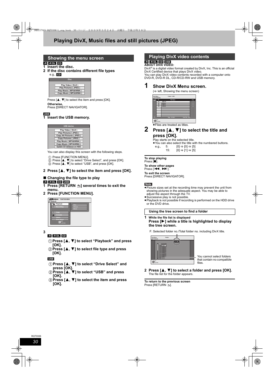 Show divx menu screen, Press [ 3 , 4 ] to select the title and press [ok, Showing the menu screen | Playing divx video contents | Panasonic DMR-EX79 User Manual | Page 30 / 84
