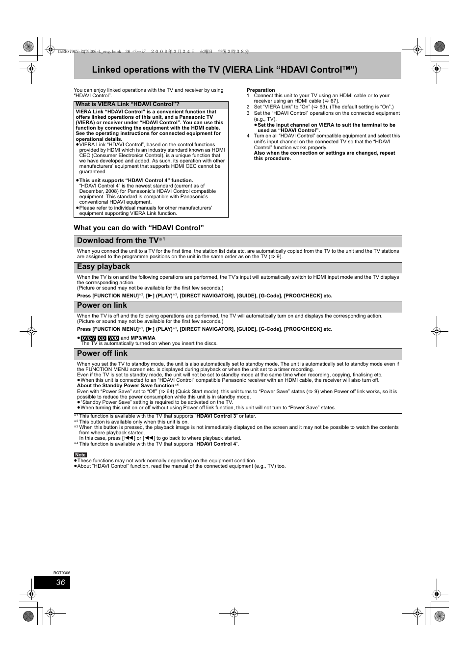 Download from the tv, Easy playback, Power on link | Power off link, What you can do with “hdavi control | Panasonic DMR-EX79 User Manual | Page 36 / 84