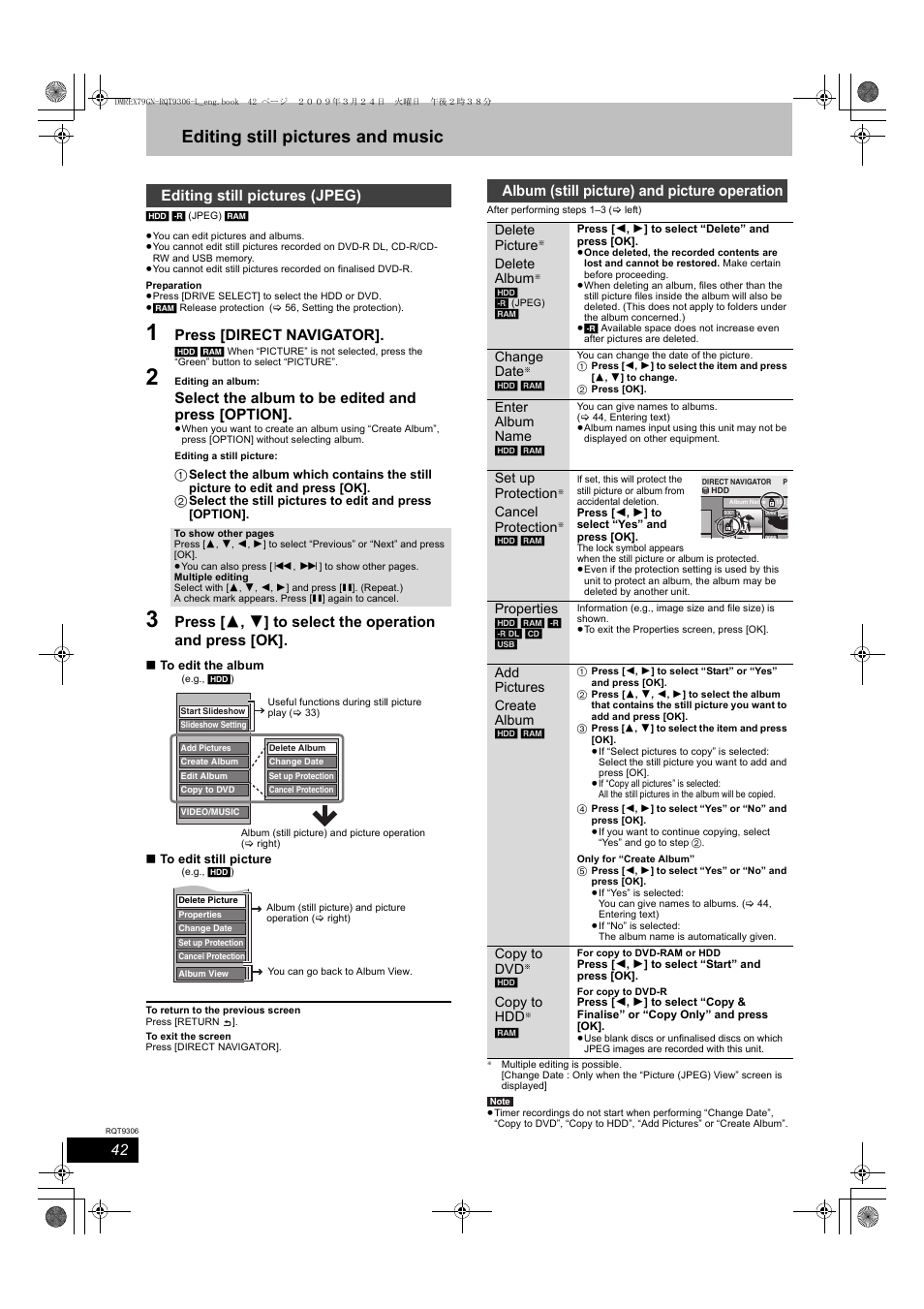 Editing still pictures and music, Press [direct navigator, Select the album to be edited and press [option | Editing still pictures (jpeg), Album (still picture) and picture operation | Panasonic DMR-EX79 User Manual | Page 42 / 84