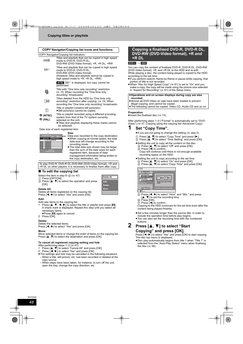 Set “copy time, Copying titles or playlists | Panasonic DMR-EX79 User Manual | Page 48 / 84