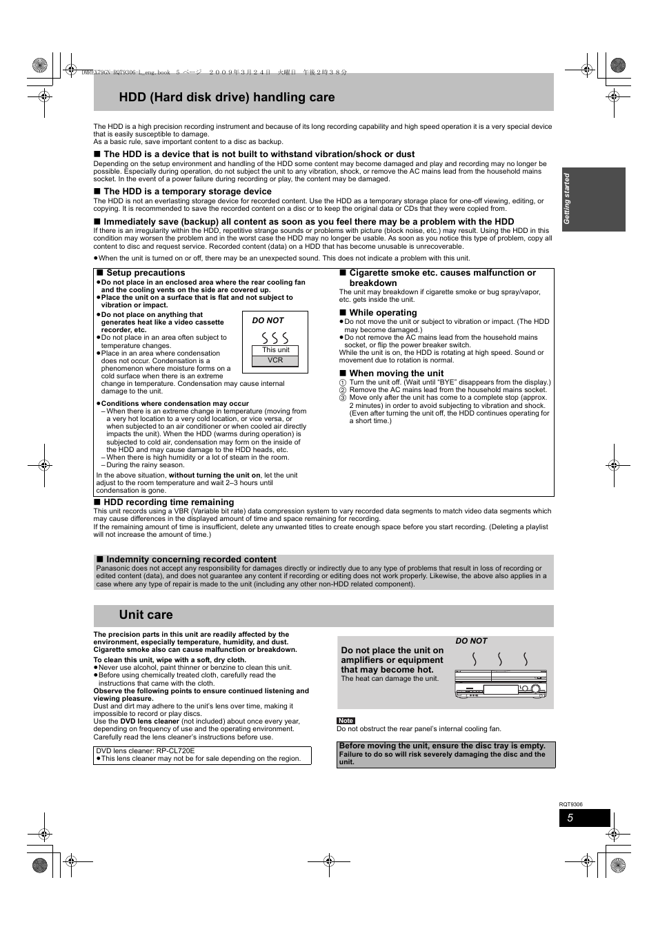 Hdd (hard disk drive) handling care, Unit care | Panasonic DMR-EX79 User Manual | Page 5 / 84