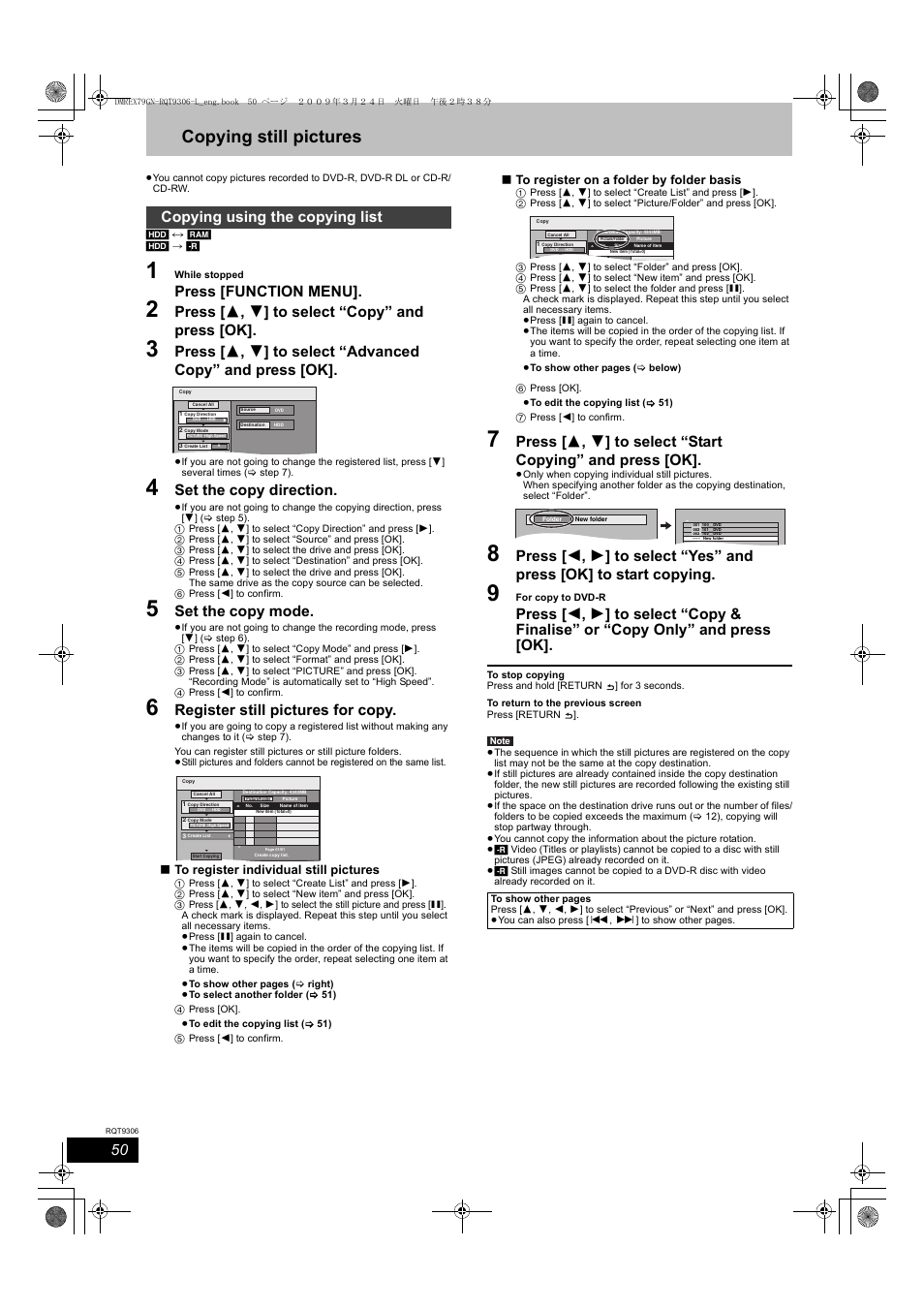 Copying still pictures, Press [function menu, Press [ 3 , 4 ] to select “copy” and press [ok | Set the copy direction, Set the copy mode, Register still pictures for copy, Copying using the copying list | Panasonic DMR-EX79 User Manual | Page 50 / 84