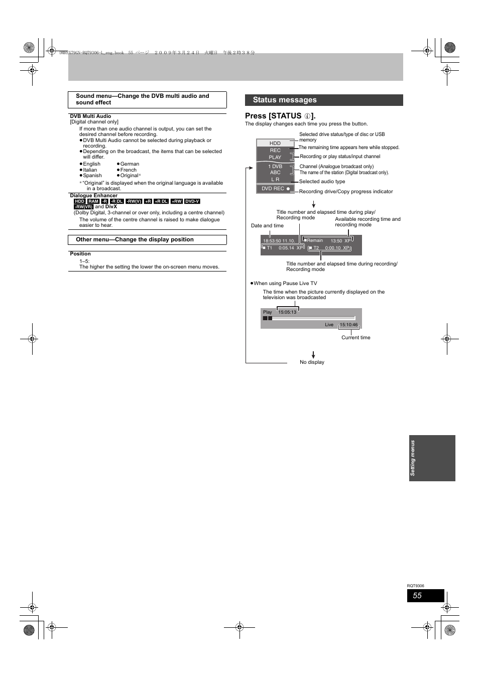 Press [status, Status messages | Panasonic DMR-EX79 User Manual | Page 55 / 84