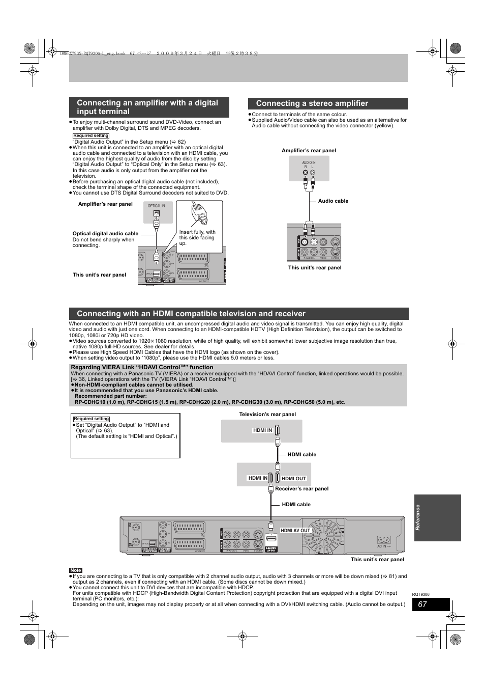 Connecting a stereo amplifier, Regarding viera link “hdavi control, Function | Hdmi cable | Panasonic DMR-EX79 User Manual | Page 67 / 84