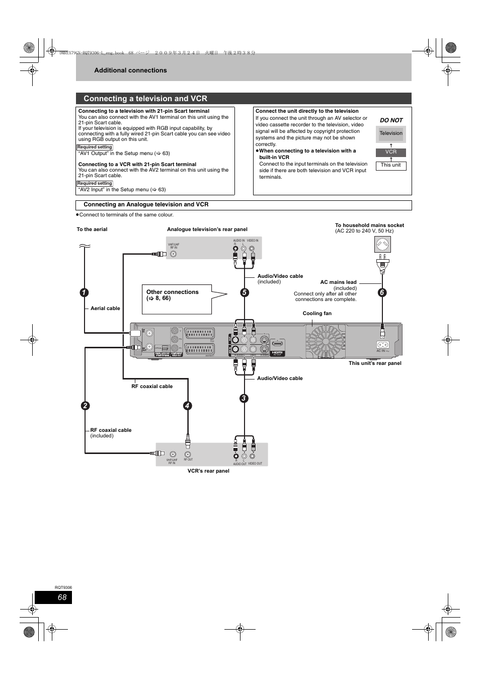 Connecting a television and vcr, Additional connections, Connecting an analogue television and vcr | Do not, Other connections ( > 8, 66) | Panasonic DMR-EX79 User Manual | Page 68 / 84