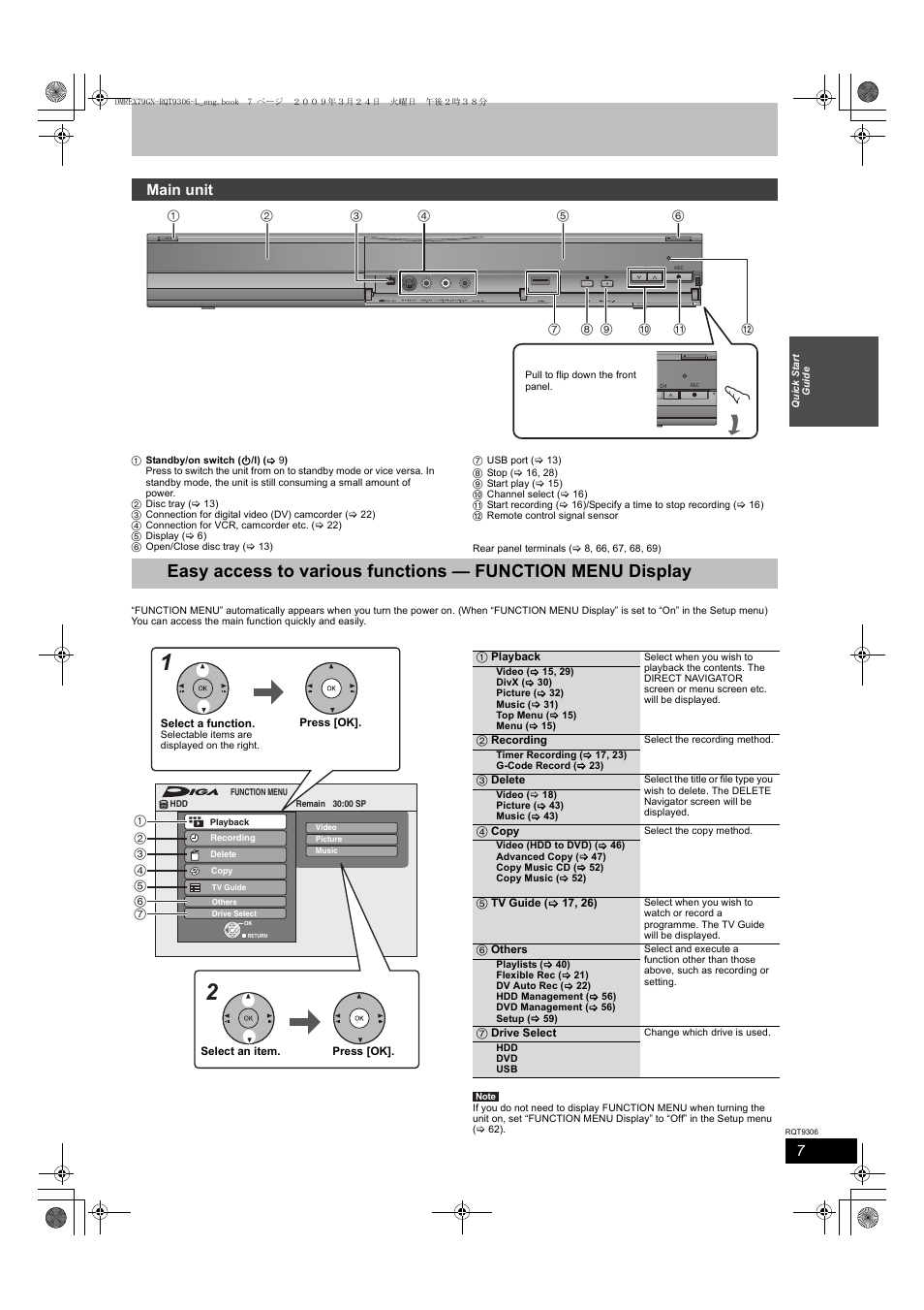 Main unit, Ope n / close, Open / close | Panasonic DMR-EX79 User Manual | Page 7 / 84