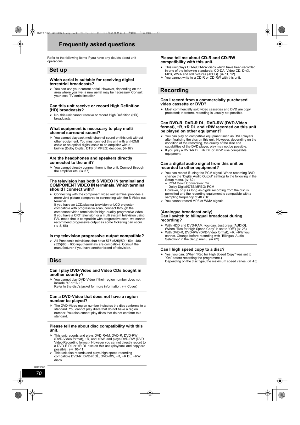 Frequently asked questions, Set up disc recording | Panasonic DMR-EX79 User Manual | Page 70 / 84