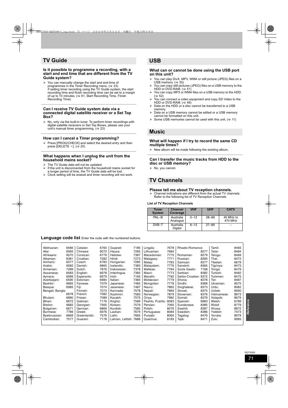 Tv guide usb music tv channels, Language code list | Panasonic DMR-EX79 User Manual | Page 71 / 84