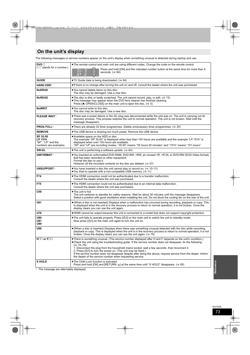 On the unit’s display | Panasonic DMR-EX79 User Manual | Page 73 / 84